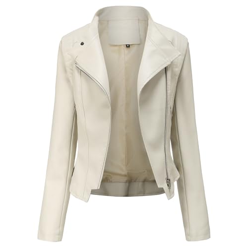 OULIWANGLUO Damen Kurze Leichte Lederjacke Reverskragen Slim Kunstlederjacke Frühling Sommer Herbst Bikerjacke (Cremeweiß2,XXL) von OULIWANGLUO