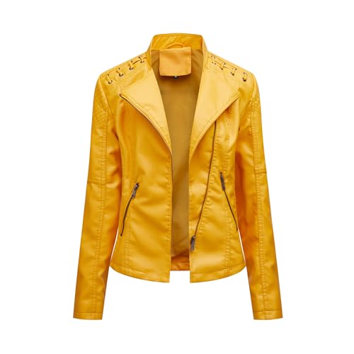 OULIWANGLUO Damen Kurze Leichte Lederjacke Reverskragen Slim Kunstlederjacke Frühling Sommer Herbst Bikerjacke (Gelb,L) von OULIWANGLUO
