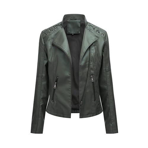 OULIWANGLUO Damen Kurze Leichte Lederjacke Reverskragen Slim Kunstlederjacke Frühling Sommer Herbst Bikerjacke (Grau Grün,4XL) von OULIWANGLUO