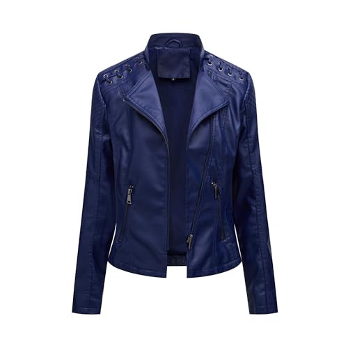 OULIWANGLUO Damen Kurze Leichte Lederjacke Reverskragen Slim Kunstlederjacke Frühling Sommer Herbst Bikerjacke (Purpurblau,S) von OULIWANGLUO