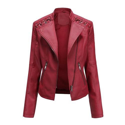 OULIWANGLUO Damen Kurze Leichte Lederjacke Reverskragen Slim Kunstlederjacke Frühling Sommer Herbst Bikerjacke (Rot,S) von OULIWANGLUO