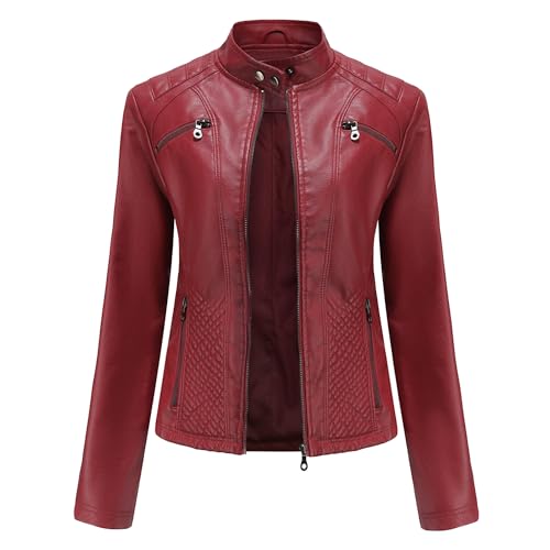 OULIWANGLUO Damen Kurze Leichte Lederjacke Stehkragen Slim Kunstlederjacke Casual Frühling Herbst Bikerjacke (Rot,M) von OULIWANGLUO