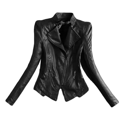 OULIWANGLUO Damen Kurze Leichte Lederjacke Stehkragen Slim Kunstlederjacke Lässige Bikerjacke für Frühling und Herbst (Schwarz,S) von OULIWANGLUO