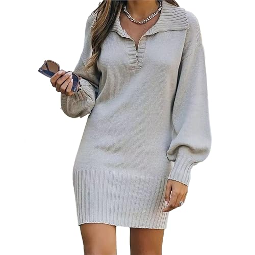 OULIWANGLUO Damen Laternenärmeln Reverskragen Strickkleid Slim Wrapped Lässige Pulloverkleid Einfarbige Langarm Midlangkleid für Herbst Winter (Grau,S) von OULIWANGLUO
