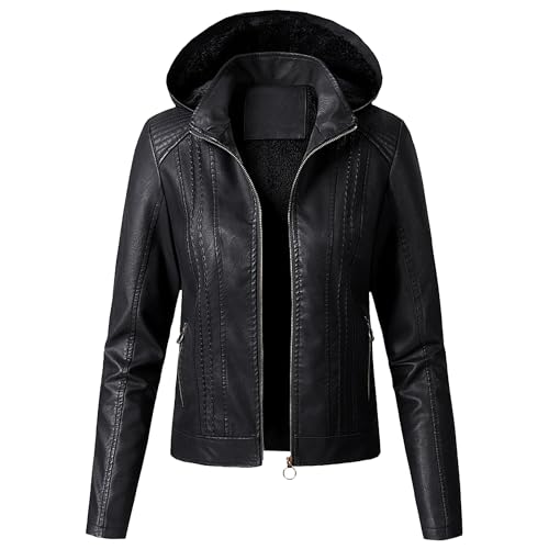 OULIWANGLUO Damen Lederjacke mit Kapuzen dick Bequeme Atmungsaktiv Kunstlederjacke Slim Bikerjacke für Herbst und Winter (Schwarz,M) von OULIWANGLUO