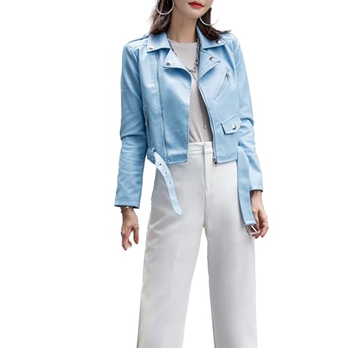 OULIWANGLUO Damen Lederjacke mit Kurze Leichte Kleiner Anzug Slim Kunstlederjacke Casual Frühling Sommer Bikerjacke (Hellblau,XXL) von OULIWANGLUO