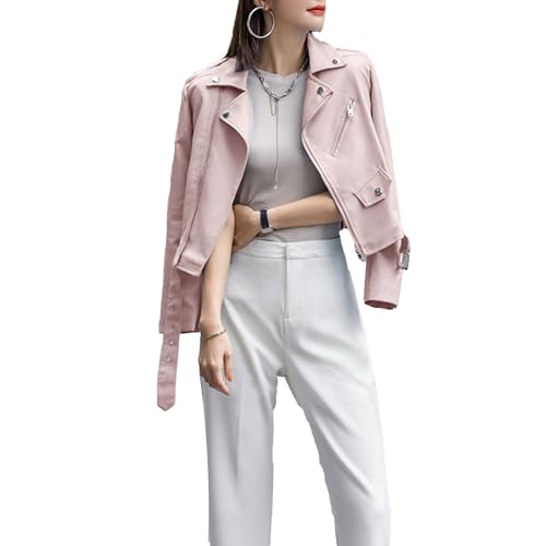 OULIWANGLUO Damen Lederjacke mit Kurze Leichte Kleiner Anzug Slim Kunstlederjacke Casual Frühling Sommer Bikerjacke (Rosa,M) von OULIWANGLUO
