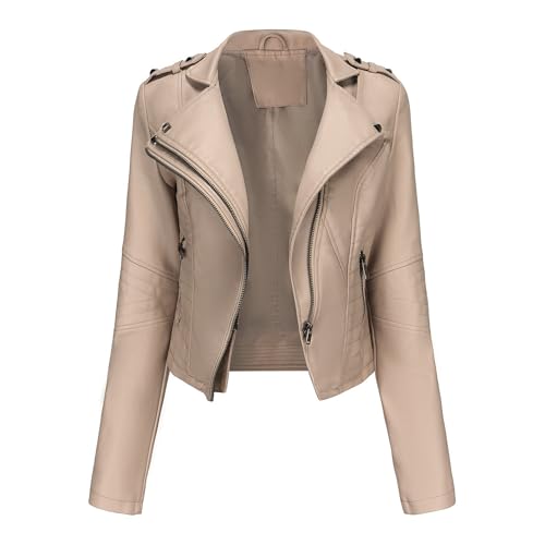 OULIWANGLUO Damen Lederjacke mit Kurze Leichte Niete Reverskragen Slim Kunstlederjacke Casual Bikerjacke für Frühling und Sommer (Aprikose,S) von OULIWANGLUO
