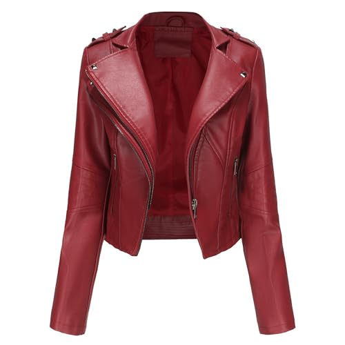 OULIWANGLUO Damen Lederjacke mit Kurze Leichte Niete Reverskragen Slim Kunstlederjacke Casual Bikerjacke für Frühling und Sommer (Rot,L) von OULIWANGLUO