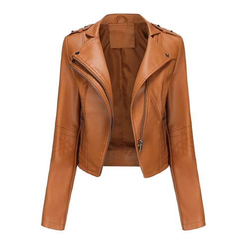 OULIWANGLUO Damen Lederjacke mit Kurze Leichte Niete Übergangsjacke Slim Kunstlederjacke Bikerjacke für Frühling und Sommer (Braun,L) von OULIWANGLUO