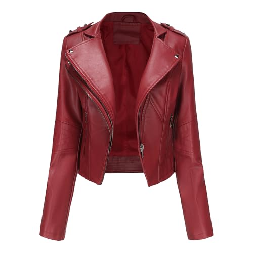 OULIWANGLUO Damen Lederjacke mit Kurze Leichte Niete Übergangsjacke Slim Kunstlederjacke Bikerjacke für Frühling und Sommer (Rot,3XL) von OULIWANGLUO