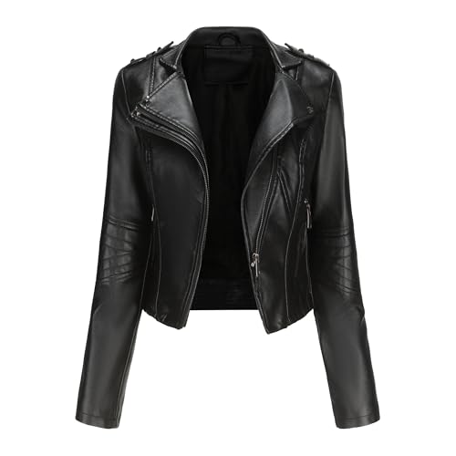 OULIWANGLUO Damen Lederjacke mit Kurze Leichte Niete Übergangsjacke Slim Kunstlederjacke Bikerjacke für Frühling und Sommer (Schwarz,3XL) von OULIWANGLUO