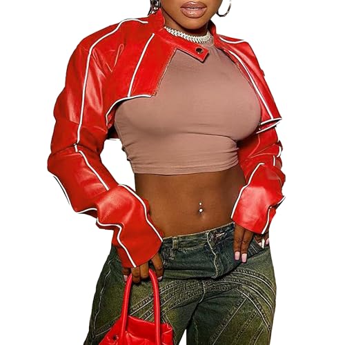 OULIWANGLUO Damen Lederjacke mit Kurze Leichte Reverskragen Slim PU Kunstlederjacke Casual Motorradjacke für Frühling Sommer (Rot,XL) von OULIWANGLUO