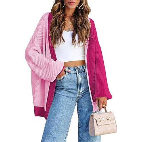 OULIWANGLUO Damen Leichte Doppelfarbig Strickjacke Strick Langarm Cardigan mit Taschen Lockere Strickpullover für Herbst Winter (Rose,XL) von OULIWANGLUO