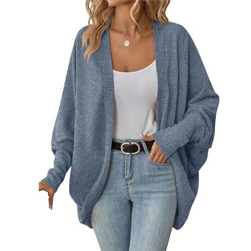 OULIWANGLUO Damen Leichte Fledermausärmel Strickjacke Mid Lang Cardigan mit Taschen Casual Lockere Strickpullover für Herbst (Blau,M) von OULIWANGLUO