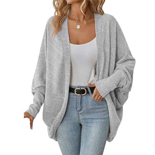 OULIWANGLUO Damen Leichte Fledermausärmel Strickjacke Mid Lang Cardigan mit Taschen Casual Lockere Strickpullover für Herbst (Grau,XXL) von OULIWANGLUO