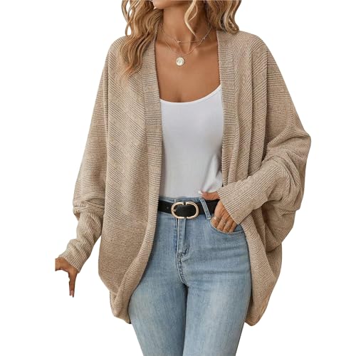 OULIWANGLUO Damen Leichte Fledermausärmel Strickjacke Mid Lang Cardigan mit Taschen Casual Lockere Strickpullover für Herbst (Khaki,XXL) von OULIWANGLUO