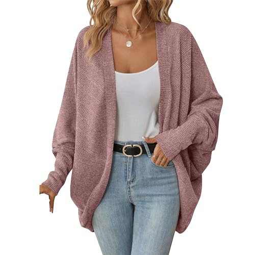 OULIWANGLUO Damen Leichte Fledermausärmel Strickjacke Mid Lang Cardigan mit Taschen Casual Lockere Strickpullover für Herbst (Rosa,M) von OULIWANGLUO