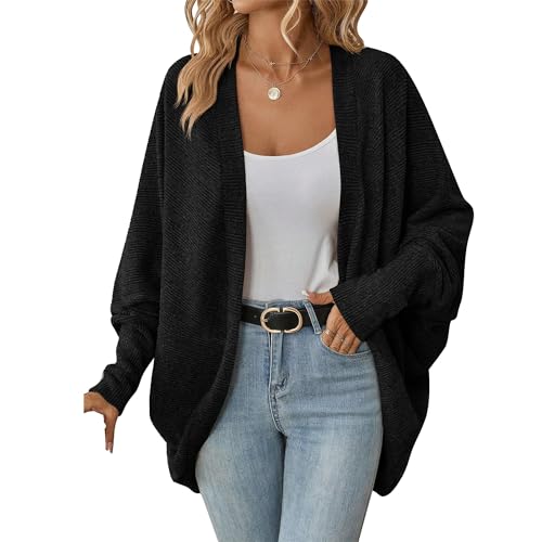 OULIWANGLUO Damen Leichte Fledermausärmel Strickjacke Mid Lang Cardigan mit Taschen Casual Lockere Strickpullover für Herbst (Schwarz,M) von OULIWANGLUO