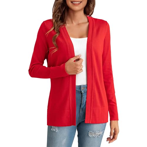 OULIWANGLUO Damen Leichte Kurze Strickjacke Strick Langarm Oversize Cardigan Casual Lockere Strickpullover für Herbst (Rot,L) von OULIWANGLUO
