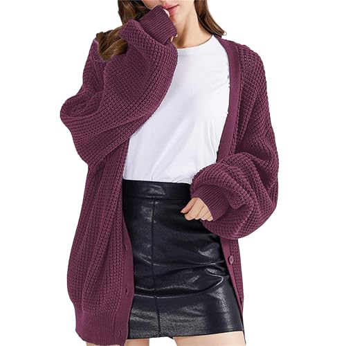 OULIWANGLUO Damen Leichte Mid Lang Strickjacke Strick Langarm Cardigan mit Knöpfen Casual Lockere Strickpullover für Herbst (Lila,M) von OULIWANGLUO