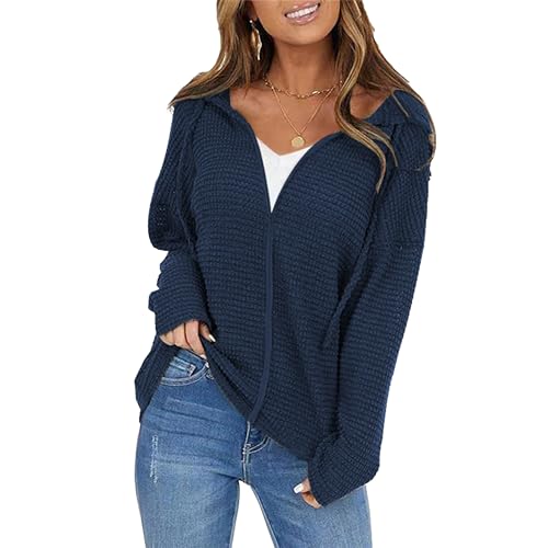 OULIWANGLUO Damen Leichte Reißverschluss Strickjacke Strick Langarm Cardigan mit Kapuze Casual Lockere Strickpullover für Herbst (Purpurblau,L) von OULIWANGLUO