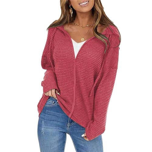 OULIWANGLUO Damen Leichte Reißverschluss Strickjacke Strick Langarm Cardigan mit Kapuze Casual Lockere Strickpullover für Herbst (Rose,XL) von OULIWANGLUO