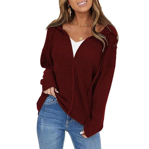 OULIWANGLUO Damen Leichte Reißverschluss Strickjacke Strick Langarm Cardigan mit Kapuze Casual Lockere Strickpullover für Herbst (Rotwein,4XL) von OULIWANGLUO