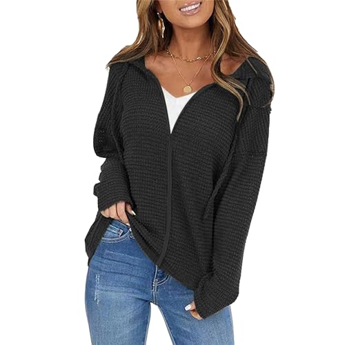 OULIWANGLUO Damen Leichte Reißverschluss Strickjacke Strick Langarm Cardigan mit Kapuze Casual Lockere Strickpullover für Herbst (Schwarz,XXL) von OULIWANGLUO