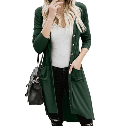 OULIWANGLUO Damen Leichte Taschen Strickjacke Lange Strick Langarm Cardigan mit Knöpfen Casual Lockere Strickpullover für Herbst (Grün,L) von OULIWANGLUO