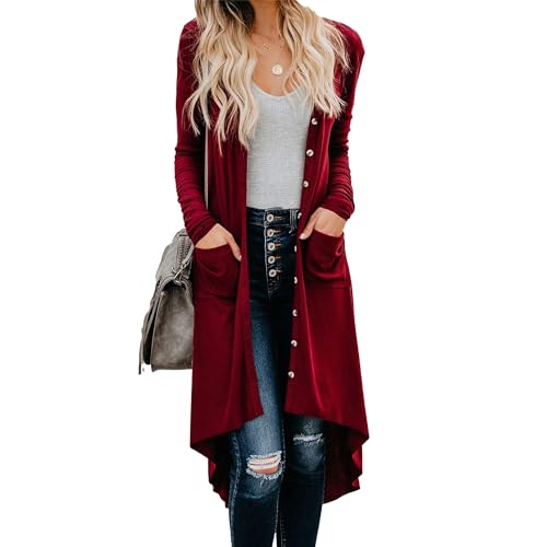 OULIWANGLUO Damen Leichte Taschen Strickjacke Lange Strick Langarm Cardigan mit Knöpfen Casual Lockere Strickpullover für Herbst (Rot,L) von OULIWANGLUO