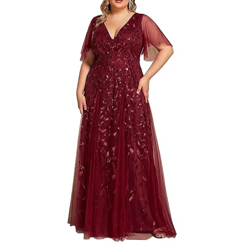 OULIWANGLUO Damen Netz Pailletten Lange Abendkleid Slim Elegant Hochzeit Cocktailkleid Hochzeitsgäste Partykleid Maxi Kleider (Rot,US16W) von OULIWANGLUO