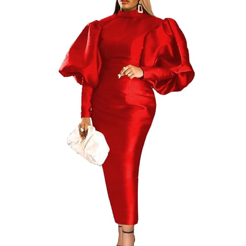 OULIWANGLUO Damen Puff Ärmeln Oversize Abendkleid Elegant Kurze Cocktailkleid Wrapped Slim Partykleid Kleider (Rot,L) von OULIWANGLUO