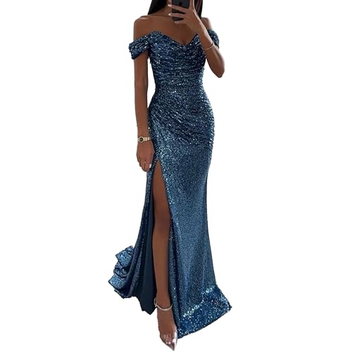 OULIWANGLUO Damen Schulterfrei Pailletten Lange Abendkleid Sexy Elegant Hochzeit Cocktailkleid Lang Hochzeitsgäste Partykleid Maxi Kleider (Blau,L) von OULIWANGLUO