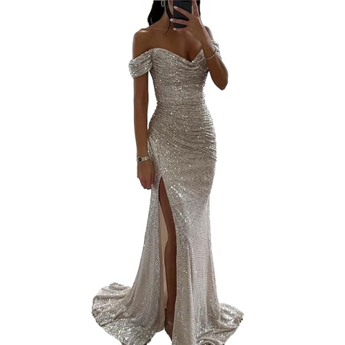 OULIWANGLUO Damen Schulterfrei Pailletten Lange Abendkleid Sexy Elegant Hochzeit Cocktailkleid Lang Hochzeitsgäste Partykleid Maxi Kleider (Grau Weiß,XL) von OULIWANGLUO