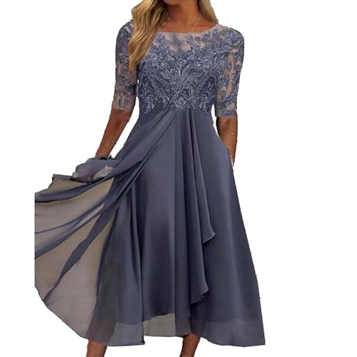 OULIWANGLUO Damen Spitze Chiffon Mid Lang Abendkleid Slim Elegant Hochzeit Cocktailkleid Lang Hochzeitsgast Partykleid Maxi Kleider (Grau,XL) von OULIWANGLUO