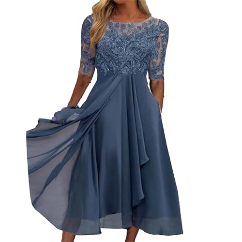 OULIWANGLUO Damen Spitze Chiffon Mid Lang Abendkleid Slim Elegant Hochzeit Cocktailkleid Lang Hochzeitsgast Partykleid Maxi Kleider (Grau Blau,XL) von OULIWANGLUO