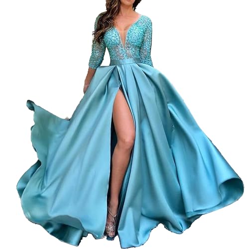 OULIWANGLUO Damen Spitze Pailletten Lange Abendkleid Große Saum Sexy Elegant Hochzeit Cocktailkleid Lang Hochzeitsgast Partykleid Maxi Kleider (Cyan,S) von OULIWANGLUO