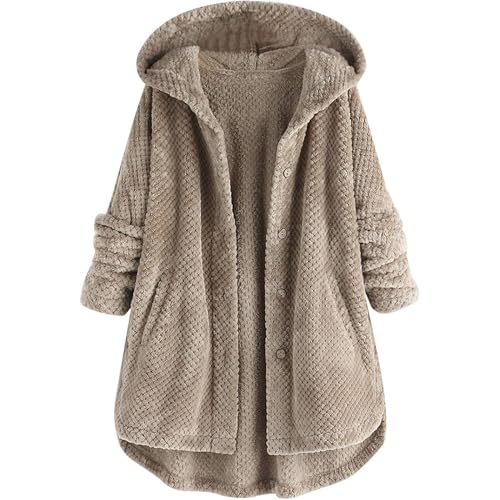 OULIWANGLUO Damen Strickjacke mit Elegant Kapuze Cardigan mit Strick Oversize Mid Lang Strickmantel mit Lässige Lockere für Herbst Winter (Khaki2,XL) von OULIWANGLUO