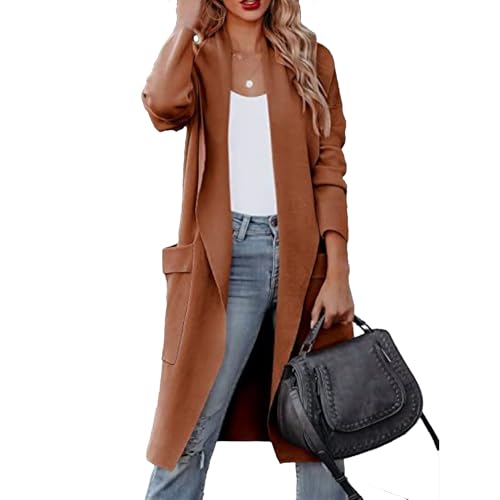 OULIWANGLUO Damen Strickjacke mit Leichte Lange Cardigan mit Elegant Slim Taschen Strickmantel mit Lässige Lockere für Herbst (Rot Braun,S) von OULIWANGLUO