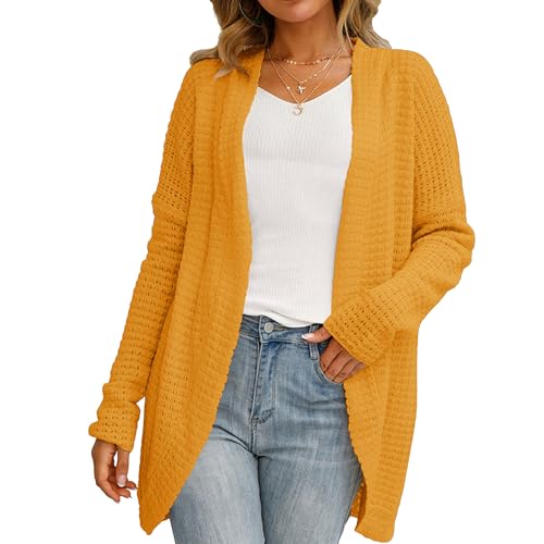 OULIWANGLUO Damen Strickjacke mit Leichte Mid Lang Cardigan mit Elegant Hollow Out Strickmantel mit Lässige Lockere für Herbst (Gelb,XL) von OULIWANGLUO