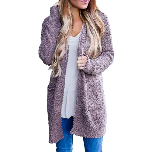 OULIWANGLUO Damen Strickjacke mit Taschen Warm Cardigan mit dick Elegant Mid Lang Strickmantel mit Lässige Lockere für Herbst Winter (Lila,L) von OULIWANGLUO