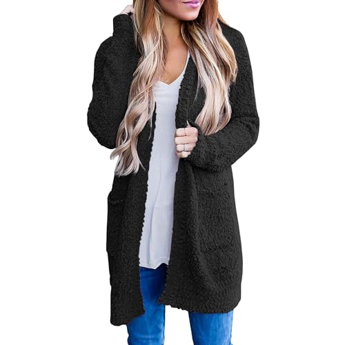 OULIWANGLUO Damen Strickjacke mit Taschen Warm Cardigan mit dick Elegant Mid Lang Strickmantel mit Lässige Lockere für Herbst Winter (Schwarz,M) von OULIWANGLUO
