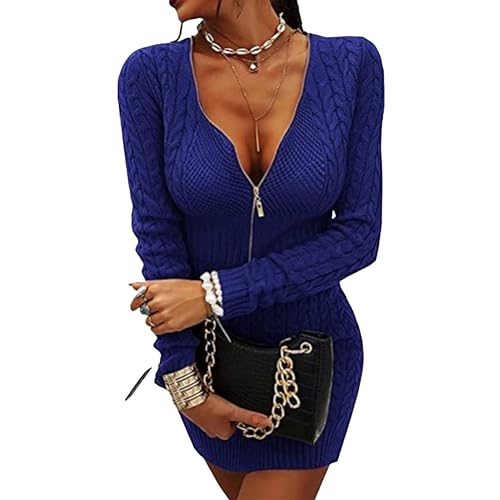 OULIWANGLUO Damen Strickkleid mit Geripptes Reißverschluss Wrapped V Ausschnitt Einfarbige Pulloverkleid Langarm Lässige Kurzekleid für Herbst Winter (Dunkelblau,S) von OULIWANGLUO