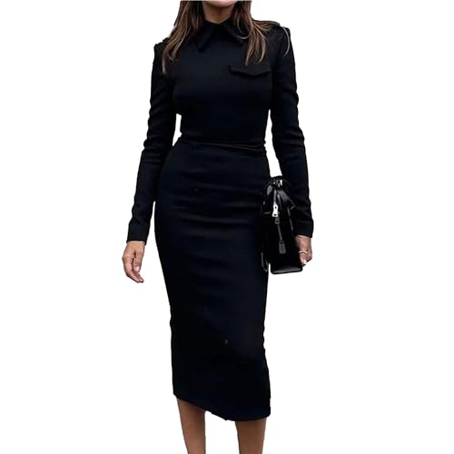 OULIWANGLUO Damen Strickkleid mit Wrapped Reverskragen Geripptes Slim Elegant Pulloverkleid Langarm Lässige Langekleid für Herbst Winter (Schwarz,M) von OULIWANGLUO