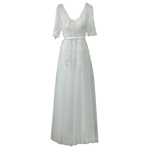 OULIWANGLUO Damen V Ausschnitt Spitze Lange Abendkleid Tunika Elegant Hochzeit Cocktailkleid Lang Hochzeitsgast Partykleid Maxi Kleider (Weiß2,XXL) von OULIWANGLUO