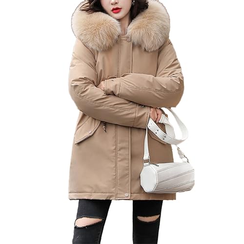 OULIWANGLUO Damen Verdickt Gefüttert Winterparka Lockere Warm Daunenmantel mit Kunstfell Kapuze Lässige Wintermantel mit Winddicht Wasserdicht (Khaki,XL) von OULIWANGLUO