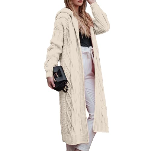 OULIWANGLUO Damen Warm Lange Strickjacke Strick Langarm Cardigan mit Kapuze Casual Lockere Strickpullover für Winter (Cremeweiß,XXL) von OULIWANGLUO