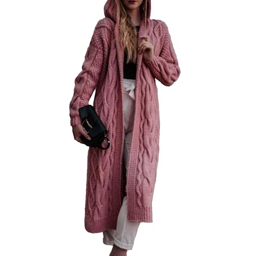 OULIWANGLUO Damen Warm Lange Strickjacke Strick Langarm Cardigan mit Kapuze Casual Lockere Strickpullover für Winter (Rosa,M) von OULIWANGLUO