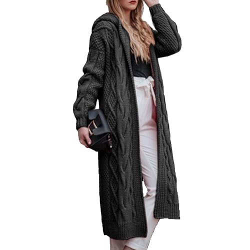 OULIWANGLUO Damen Warm Lange Strickjacke Strick Langarm Cardigan mit Kapuze Casual Lockere Strickpullover für Winter (Schwarz,M) von OULIWANGLUO